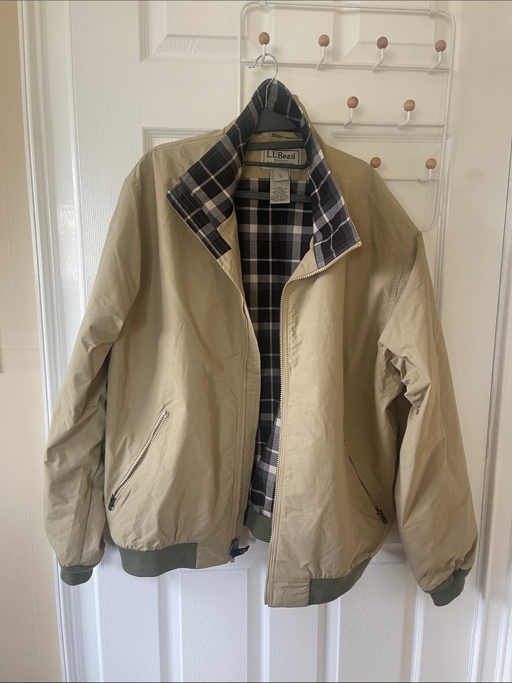 L.L. Bean Khaki Bomber Jacket with Plaid Lining